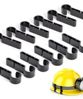 Set of black headlamp clip for hard hats must have durable helmet light attachment displayed with yellow helmet on white background