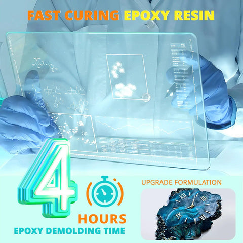 Fast Cure 1 Gallon Epoxy Resin Kit with Quick Dry Formula, unmold time graphic with clock, scientific illustration background