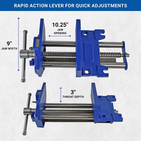 Rapid Action 9-Inch Woodworking Vise with Quick Release Lever, Heavy Duty Cast Iron Build, Chrome Sliding T-Bar Handle