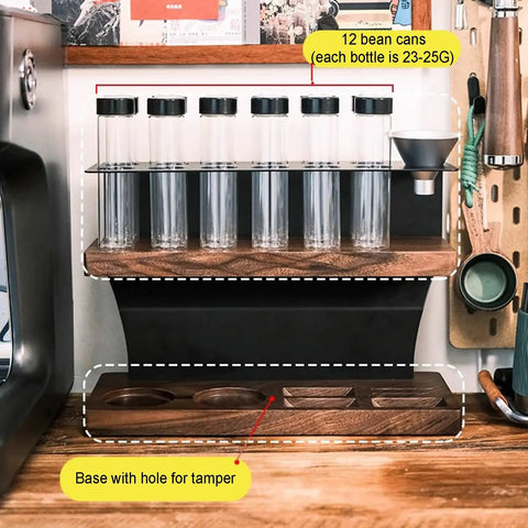 Two Tier Coffee Tool Storage Stand With Twelve Single Dose Bean Vials And One Way Exhaust Valve Plus Heavy Duty Slots For Tamper And Dosing Cups. Displaying twelve vials and tamper holder.