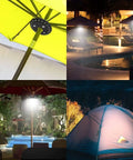Cordless Patio Umbrella Light With 28 LEDs and 3 Lighting Modes illuminating patios and campsites at night.