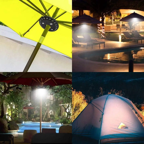 Cordless Patio Umbrella Light With 28 LEDs and 3 Lighting Modes illuminating patios and campsites at night.