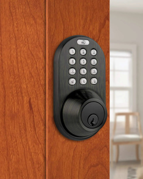 Keyless Entry Touchpad Deadbolt Door Lock in Oil Rubbed Bronze No More Key Juggling Electronic Entry 6 User Codes on wooden door