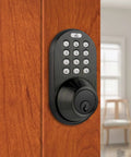 Keyless Entry Deadbolt Door Lock With Electronic Digital Keypad, Polished Brass Yellow Finish, Easy Direct Replacement On Standard Doors, Supports Up To 6 User Passcodes And Individual Deletions on a wooden door