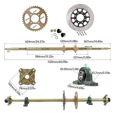 Diagram of Beefed Up Rear Live Axle Kit For Go Karts With 530 Chain Sprocket, Big Brake Disc And Caliper, including dimensions.