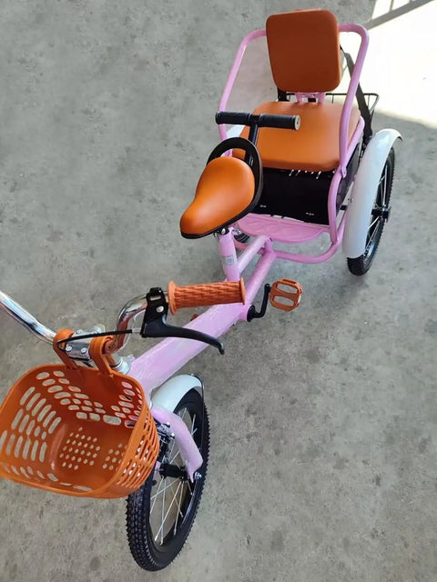 Pink Outdoor Cruiser Tricycle For Travel And Family Fun With Pedals All Terrain Three Wheel Bicycle, featuring basket and back seat.