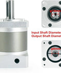 Planetary gearbox speed reducer with vertical output shaft and square mounting base, silver metal body
