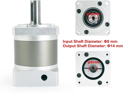 Planetary gearbox speed reducer with vertical output shaft and square mounting base, silver metal body