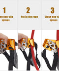 Step-by-step guide using Foot Ascender For Climbing And Rappelling, Lightweight Aluminum Alloy Device In Right Orange.