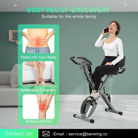 No Hassle Foldable Spin Bike For Home Gym Shredding Featuring Whisper Silent Magnetic Resistance and Plush Backrest in living room setting.