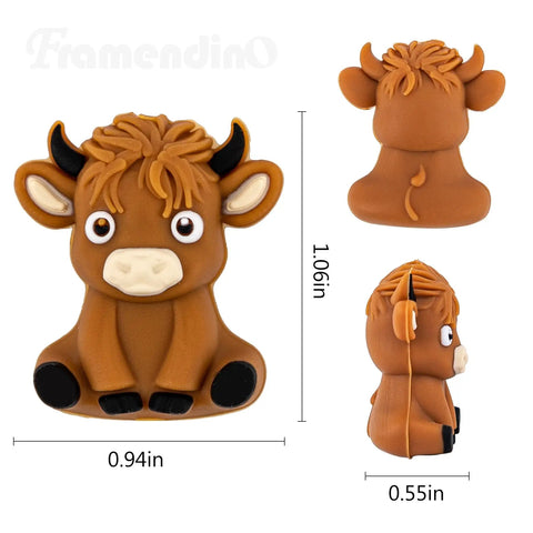 20 Pack Highland Cow Silicone Beads Set For DIY Jewelry And Crafts, showing a cute cow-shaped bead in three views with measurements.