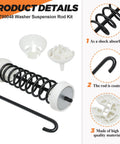 Washer suspension rod kit with black coil spring, white end caps, and mounting hooks