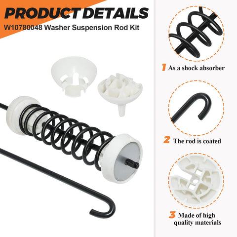 Washer suspension rod kit with black coil spring, white end caps, and mounting hooks