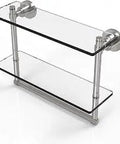 Two Tier Glass Towel Bar Shelf In Satin Nickel Finish, 16 Inch, Concealed Mount, Solid Brass Construction, Tempered Glass Shelves.