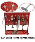 Car sheet metal repair tools on red pegboard, compatible with Pro Grade Auto Frame Machine With 98 kN Pulling Power And 4400 Lb Capacity