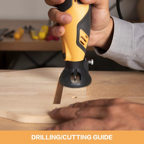 Powerful Rotary Tool Kit With 6 Variable Speeds From 10000 To 35000 RPM in use for drilling and cutting on wood surface