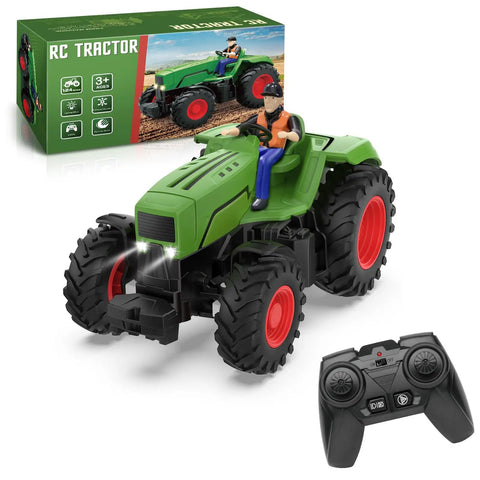 Remote Control Tractor Toy for Kids 3 to 5, with box showing RC Tractor With Lights and Farmer, remote, detailed 1 to 24 scale model