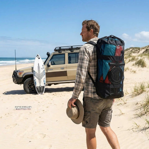 Man carrying Inflatable Kite Surfing Sail And Wing Foil Board Set With Pump, PVC Wing-Shaped Board for surfing on beach
