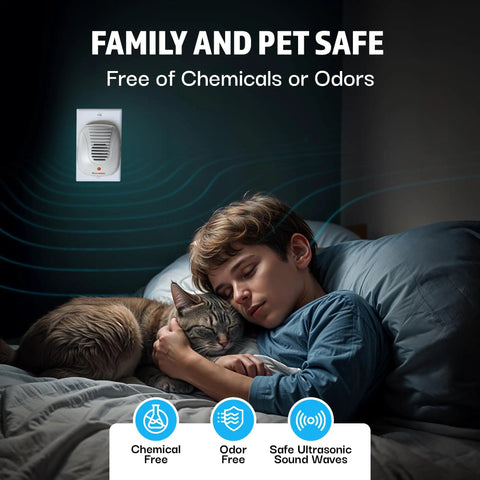 Sleeping boy with cat, illustrating Ultrasonic Pest Repeller Pack Of 3 For Safe Chemical Free Pest Control At Home Kitchen Office.