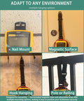 Magnetic Hanging Strap For Fluke Multimeters And 115 116 117 175 177 179 15B Plus 17B Plus 18B Plus 87V 287 289 Black Mount Magnet Or Hangable Holder For On The Job Convenience shown in various mounting methods including magnetic surface, nail, hook, and railing.