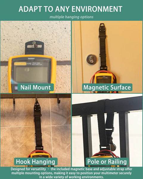 Magnetic Hanging Strap For Fluke Multimeters And 115 116 117 175 177 179 15B Plus 17B Plus 18B Plus 87V 287 289 Black Mount Magnet Or Hangable Holder For On The Job Convenience shown in various mounting methods including magnetic surface, nail, hook, and railing.