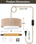 Product dimensions of Plug In Pendant Light 18 Inch Rattan Chandelier With Handwoven Hemp Rope And White Fabric Shade.