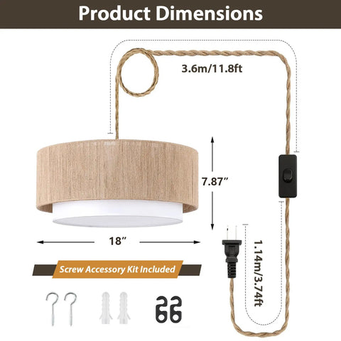Product dimensions of Plug In Pendant Light 18 Inch Rattan Chandelier With Handwoven Hemp Rope And White Fabric Shade.