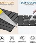 Interlocking Plastic Deck Tiles 12x12 Inch, 36 Pack Waterproof Outdoor Flooring showcasing cutting and cleaning features.