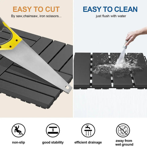 Interlocking Plastic Deck Tiles 12x12 Inch, 36 Pack Waterproof Outdoor Flooring showcasing cutting and cleaning features.