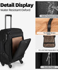 Detail display of black Lightweight 20 Inch Carry On Luggage With Wheels 13.7 X 10.6 X 20.4 Inch Airline Approved Softside Suitcase TSA Lock