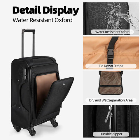 Detail display of black Lightweight 20 Inch Carry On Luggage With Wheels 13.7 X 10.6 X 20.4 Inch Airline Approved Softside Suitcase TSA Lock