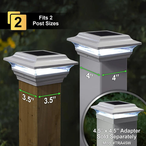 Imperial Solar Post Cap For 4x4 Posts White With High Output LED Lights shown on 4x4 and 3.5x3.5 posts at night.
