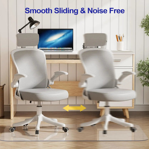 Clear Office Chair Mat For Hardwood Floors, 30 By 48 Inches, Heavy Duty PVC Floor Protector with rolling chairs in office setting