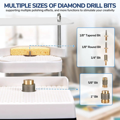 Multiple sizes of diamond drill bits on a stained glass grinder, showcasing 1/8" tapered, 1/8" round, 1/4", 5/8", and 1" options.
