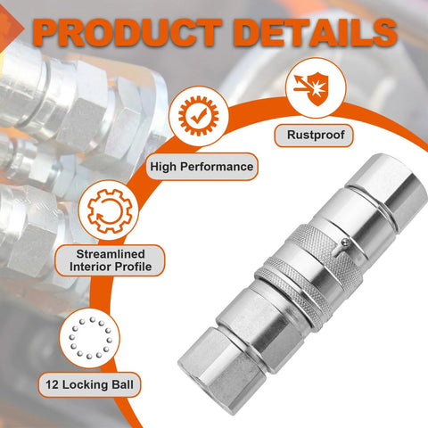Close-up of Rpeconu 1/2 in NPT skid-steer hydraulic quick-connect coupler, flat-face, silver with 2 dust covers
