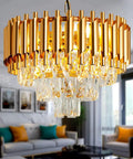 Gold Finish Modern Luxury Crystal Pendant Light Chandelier, Round Flush Mount Ceiling Fixture With Glass Prisms, E12 X 4 Bulbs Not Included in living room.