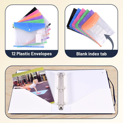 Important Document Organizer Linen Binder With 12 Expanding Pockets open showing 3-ring binder and colorful plastic envelopes