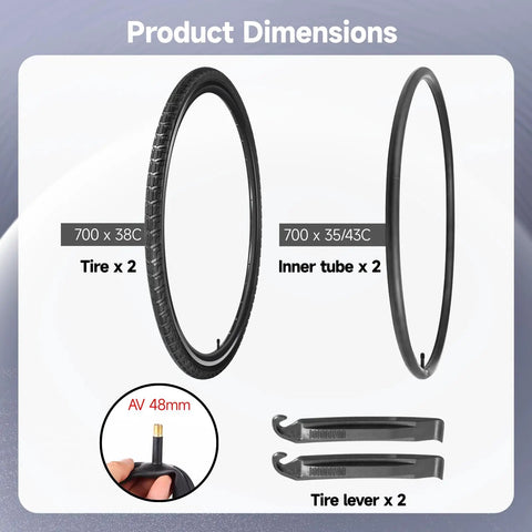 All In One Bike Tire And Inner Tube Kit Includes 2 Tires 700x38c And 2 Tubes 700x35/43c With 48mm Schrader Valves Plus 2 Tire Levers
