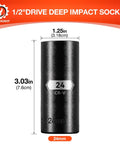 Heavy Duty 1/2 Inch Drive 24Mm Deep Impact Socket 6 Point Chrome Vanadium Steel with measurements displayed.