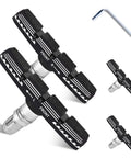 70mm Universal V Brake Pads Set For Mountain And Road Bikes with hex wrench, nuts, shims, shown in detailed view for front and rear wheels