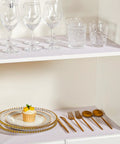 Top Shelf Nonslip Shelf Liner For Kitchen Cabinets And Drawers, White Non Adhesive Mat, on shelves with glassware and plates.