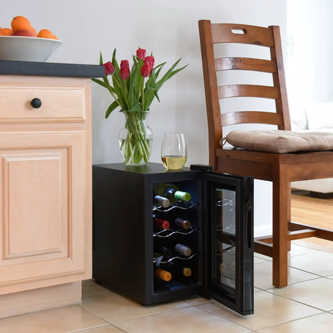 8 Bottle Countertop Wine Cooler For Red And White Wines With Digital Temperature Display Freestanding Refrigerator open on kitchen floor
