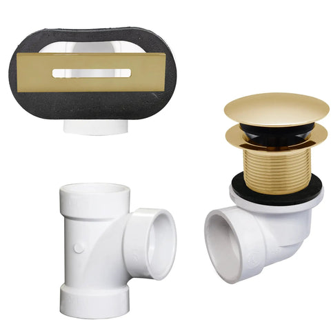 Knockout Polished Brass Tip Toe Bathtub Drain Stopper Kit features linear overflow faceplate and PVC fittings for easy install.