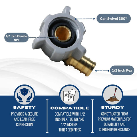 10 Pack 1/2 Inch PEX To 1/2 Inch Female NPT Swivel Elbow Fittings, No Sweat Crimp, Works With All PEX Tubing Brands, NSF ANSI 61 Certified For Potable Water And Hydronic Heating, Built To Last Universal Fit. 1/2 inch PEX to 1/2 inch female NPT swivel elbow fitting with brass PEX barb