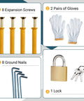 Installation tools for 5x3 Ft Outdoor Storage Shed And Gazebo Combo with metal frame, including screws, gloves, nails, lock