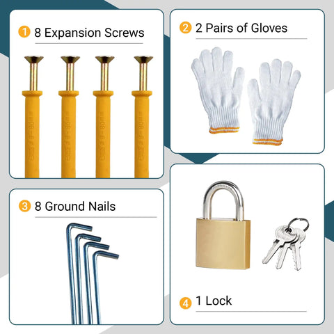 Installation tools for 5x3 Ft Outdoor Storage Shed And Gazebo Combo with metal frame, including screws, gloves, nails, lock
