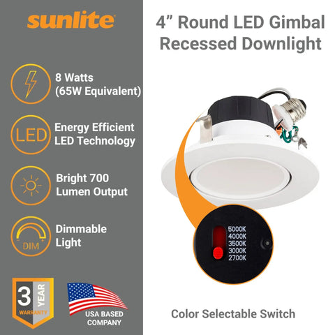 LED 4 Inch Round Retrofit Gimbal Recessed Downlight With E26 Medium Base 8W 65W Equivalent 30 Degree Tilt Dimmable ETL Listed Color Selectable 2700K To 5000K 6 Pack