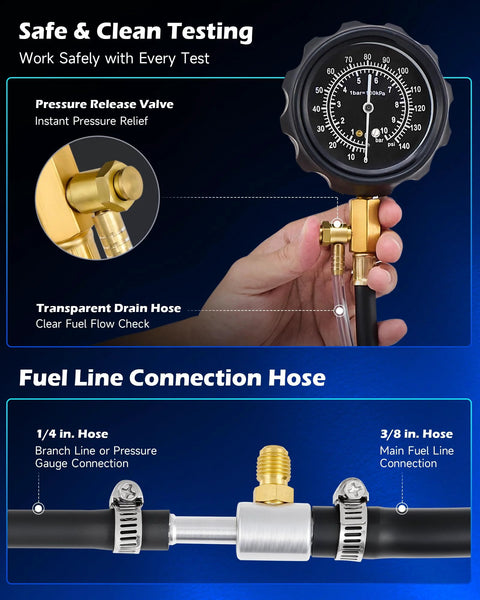 Orion Motor Tech fuel pressure test kit with brass fittings and 0-140 psi gauge