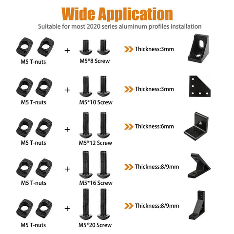 Image showing M5 T Nuts And Bolts Assortment Kit For 2020 Aluminum Extrusion with screws and brackets, thickness details visible.