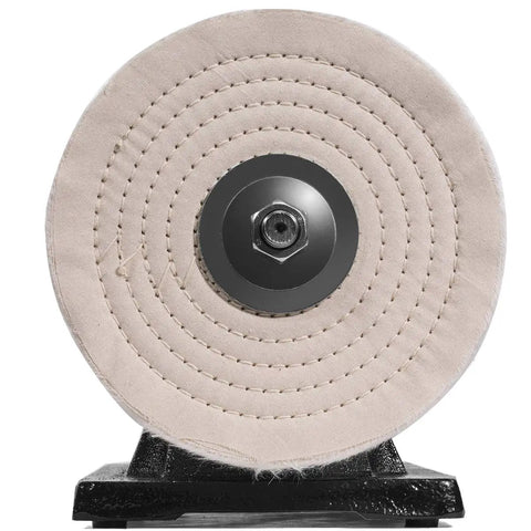 Front view of buffing wheel on 8 Inch Dual Buffer Benchtop Grinder Polisher With 0.75 HP Motor, 3450 RPM, Sturdy Cast Iron Base